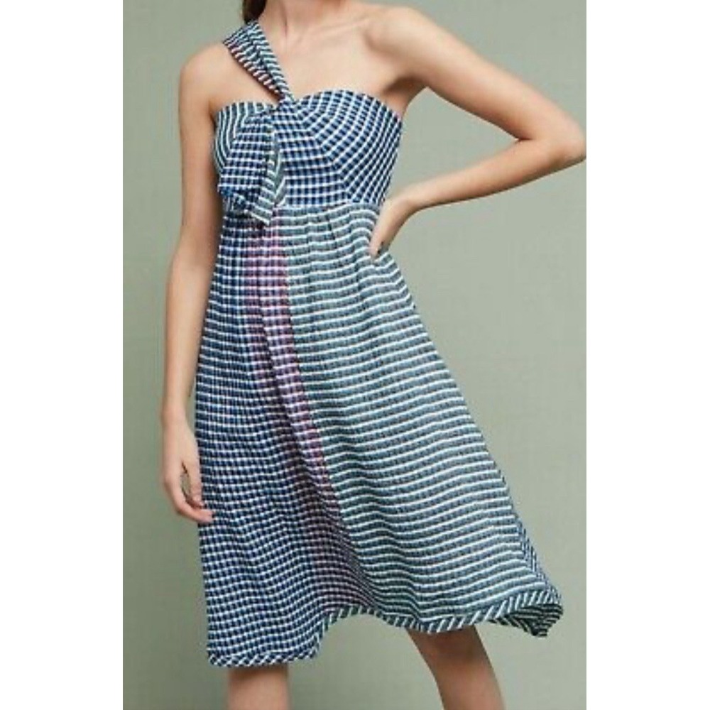 Maeve Blue White Waverly Gingham Plaid Seersucker One Shoulder Dress 10